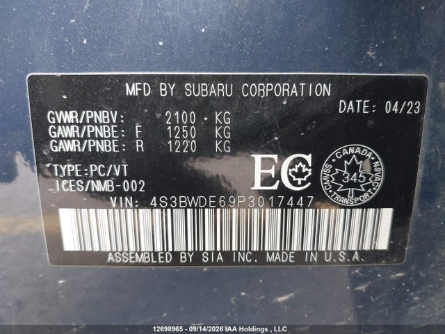 2023 Subaru Legacy Touring მანქანა იყიდება აუქციონზე, vin: 4S3BWDE69P3017447, აუქციონის ნომერი: 12698965