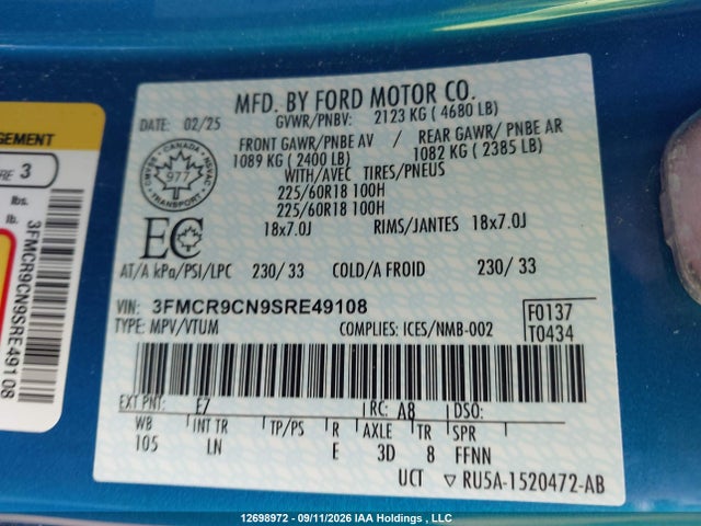 Продажа на аукционе авто 2025 Ford Bronco Sport Outer Banks, vin: 3FMCR9CN9SRE49108, номер лота: 12698972