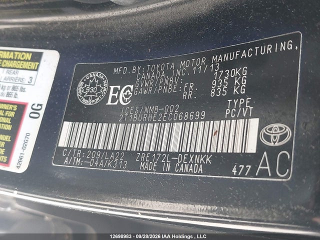 Продаж на аукціоні авто 2014 Toyota Corolla L/le/le Pls/prm/s/s Pls, vin: 2T1BURHE2EC068699, номер лоту: 12698983