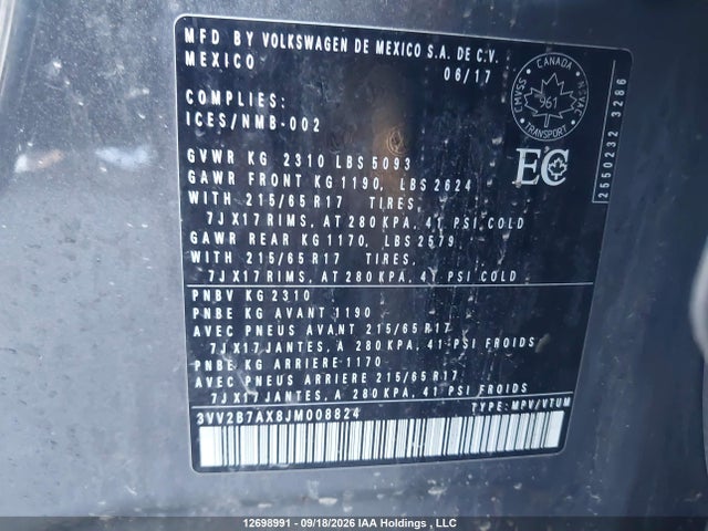 3VV2B7AX8JM008824 Volkswagen Tiguan Se/sel