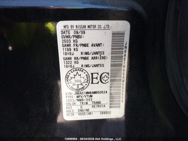 12698994 :رقم المزاد ، JN8AS1MW6AM850524 vin ، 2010 Infiniti Fx35 مزاد بيع