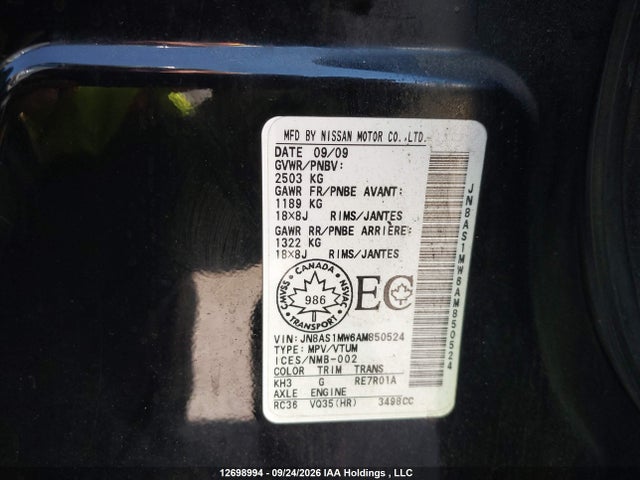 12698994 :رقم المزاد ، JN8AS1MW6AM850524 vin ، 2010 Infiniti Fx35 مزاد بيع