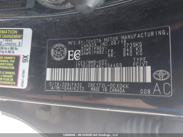 2T1BURHE4KC134469 Toyota COROLLA CE