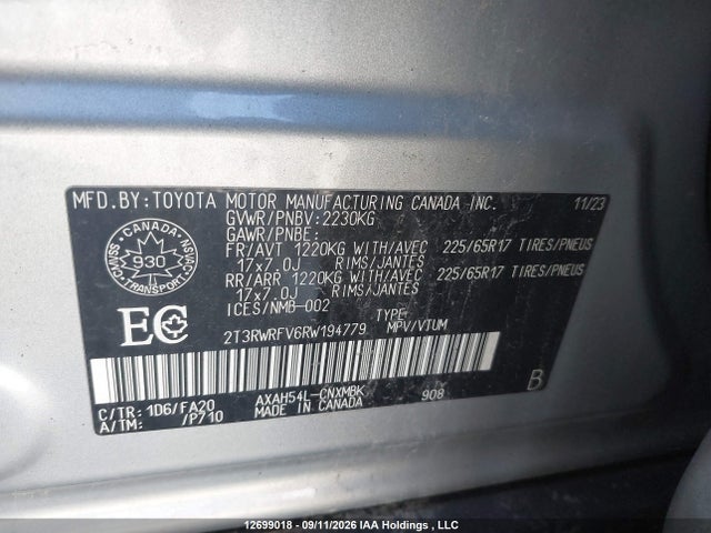 2T3RWRFV6RW194779 Toyota Rav4 Hybrid Xle