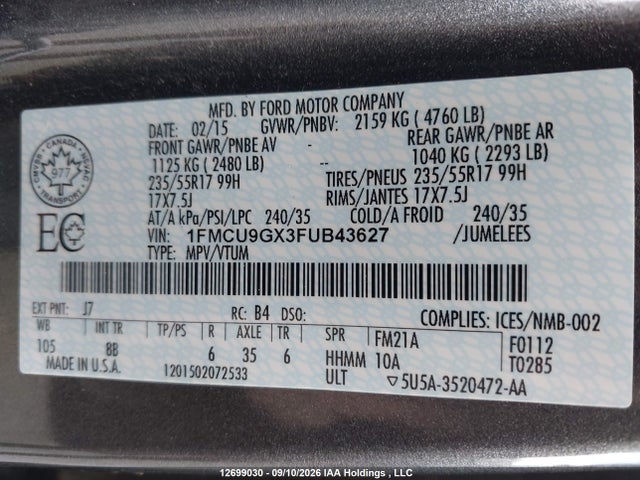 Ford Escape 2015 1FMCU9GX3FUB43627 Image 9