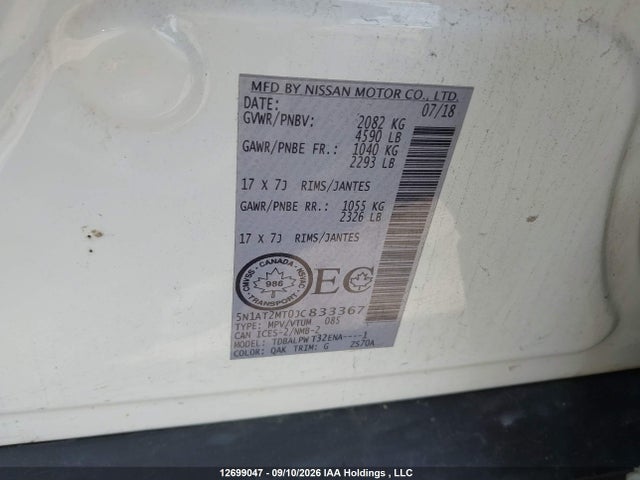 Nissan Rogue S/sl 2018 5N1AT2MT0JC833367 Image 9