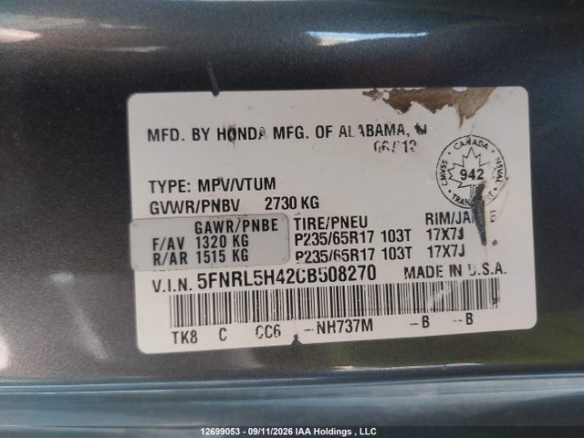 12699053 :رقم المزاد ، 5FNRL5H42CB508270 vin ، 2012 Honda Odyssey Ex مزاد بيع