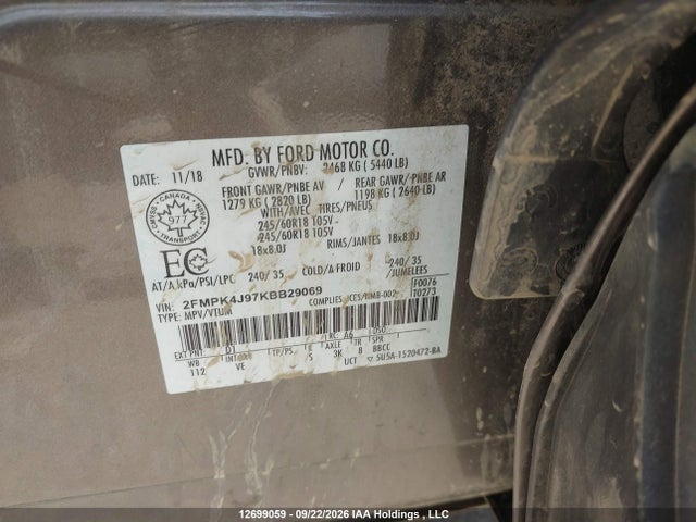 12699059 :رقم المزاد ، 2FMPK4J97KBB29069 vin ، 2019 Ford Edge Sel مزاد بيع