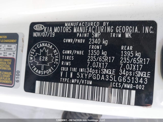 2020 Kia Sorento L/lx მანქანა იყიდება აუქციონზე, vin: 5XYPGDA35LG651343, აუქციონის ნომერი: 12699061