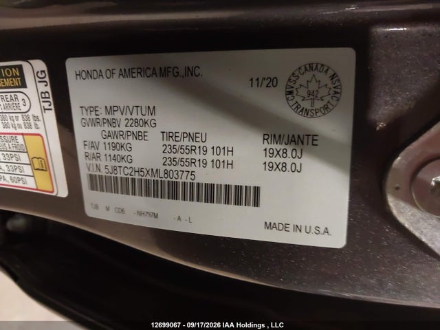 12699067 :رقم المزاد ، 5J8TC2H5XML803775 vin ، 2021 Acura Rdx Technology مزاد بيع