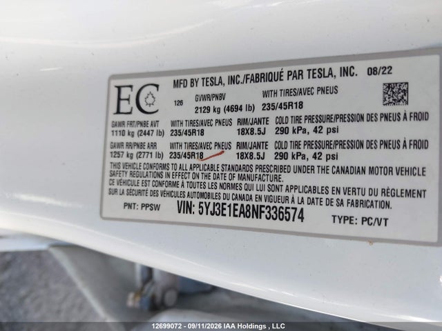 Tesla MODEL 3 2022 5YJ3E1EA8NF336574 Image 18