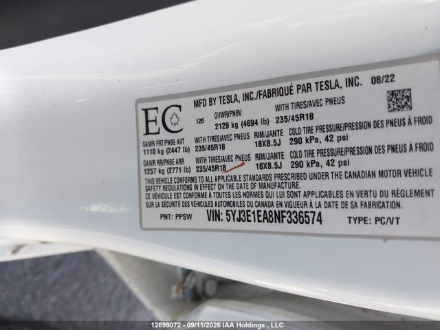 Tesla MODEL 3 2022 5YJ3E1EA8NF336574 Image 9