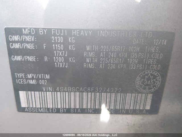Subaru Outback 2.5i 2015 4S4BSCAC8F3274322 Image 9