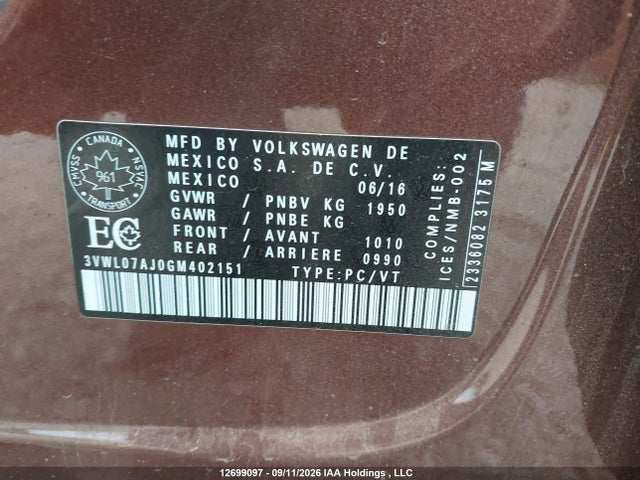 12699097 :رقم المزاد ، 3VWL07AJ0GM402151 vin ، 2016 Volkswagen Jetta Sel/sel Premium مزاد بيع