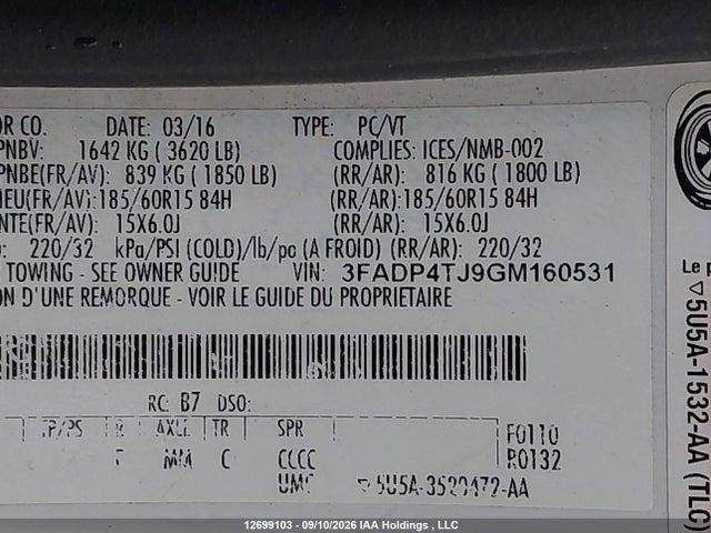 3FADP4TJ9GM160531 Ford FIESTA S