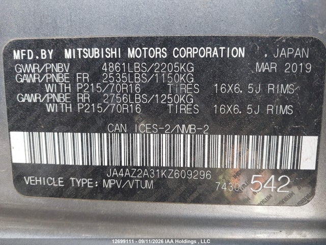 Aukcja sprzedaży 2019 Mitsubishi Outlander Es, vin: JA4AZ2A31KZ609296, numer aukcji: 12699111