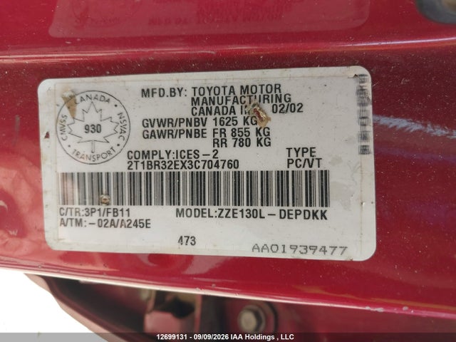 12699131 :رقم المزاد ، 2T1BR32EX3C704760 vin ، 2003 Toyota Corolla Ce/le/sport مزاد بيع