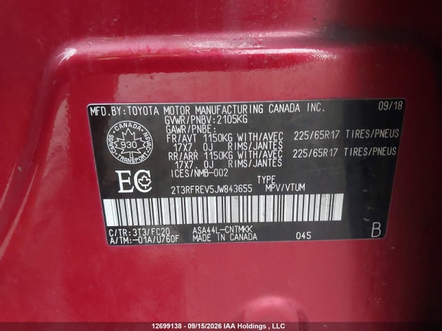 2018 Toyota Rav4 Xle მანქანა იყიდება აუქციონზე, vin: 2T3RFREV5JW843655, აუქციონის ნომერი: 12699138