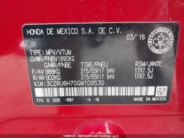 12699147 :رقم المزاد ، 3CZRU6H70GM109530 vin ، 2016 Honda Hr-v Exl مزاد بيع