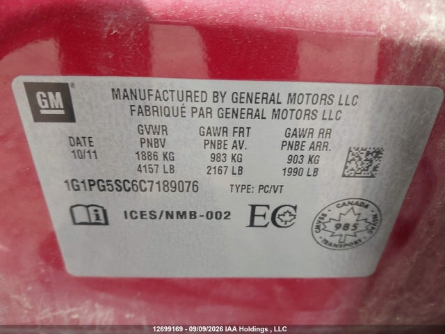 2012 Chevrolet Cruze Lt მანქანა იყიდება აუქციონზე, vin: 1G1PG5SC6C7189076, აუქციონის ნომერი: 12699169