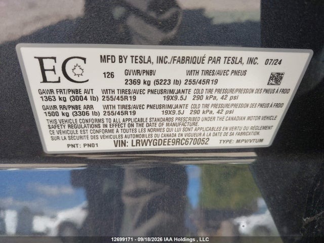 Продаж на аукціоні авто 2024 Tesla Model Y Long Range, vin: LRWYGDEE9RC670052, номер лоту: 12699171