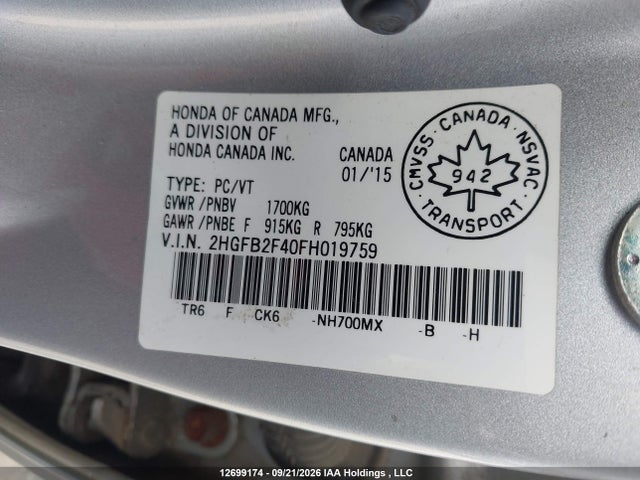 Honda Civic 2015 2HGFB2F40FH019759 Image 9