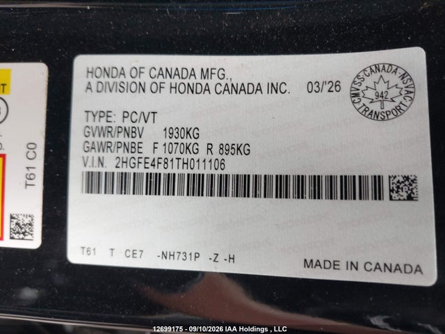 Продажа на аукционе авто 2026 Honda Civic Sport/sport Touring, vin: 2HGFE4F81TH011106, номер лота: 12699175