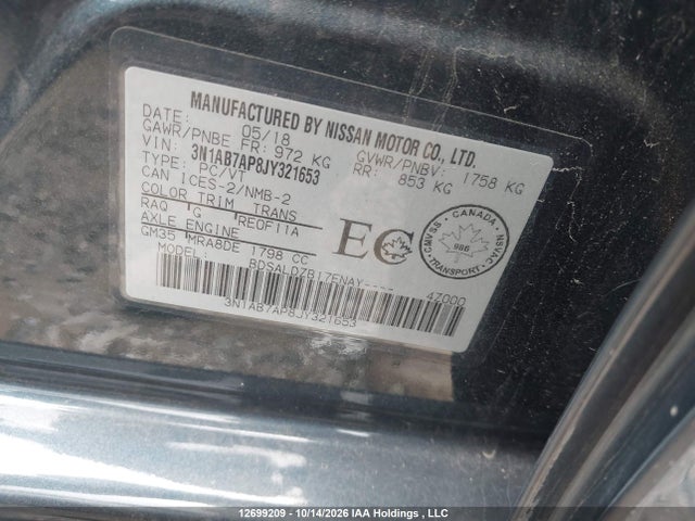 3N1AB7AP8JY321653 Nissan Sentra 1.8 S/1.8 Sv/1.8 Sv Midnight Edition