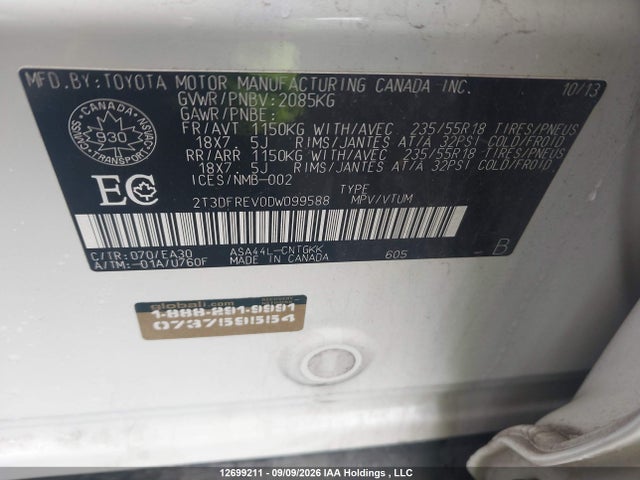 12699211 :رقم المزاد ، 2T3DFREV0DW099588 vin ، 2013 Toyota Rav4 Limited مزاد بيع