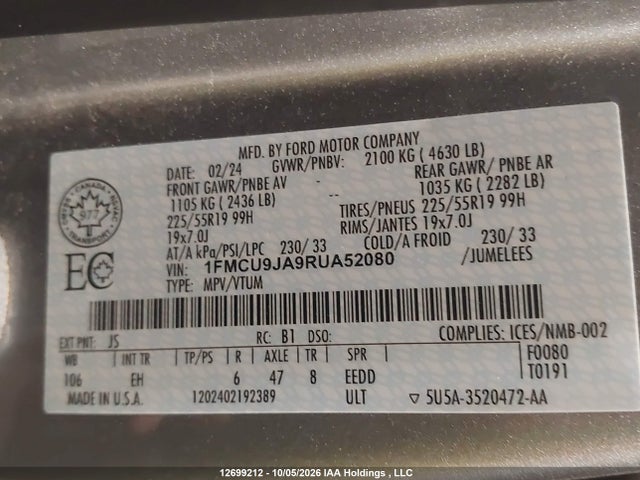Продаж на аукціоні авто 2024 Ford Escape Platinum, vin: 1FMCU9JA9RUA52080, номер лоту: 12699212