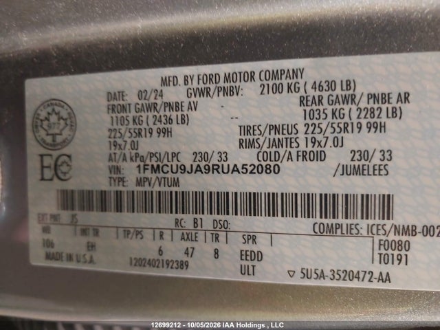 Продаж на аукціоні авто 2024 Ford Escape Platinum, vin: 1FMCU9JA9RUA52080, номер лоту: 12699212