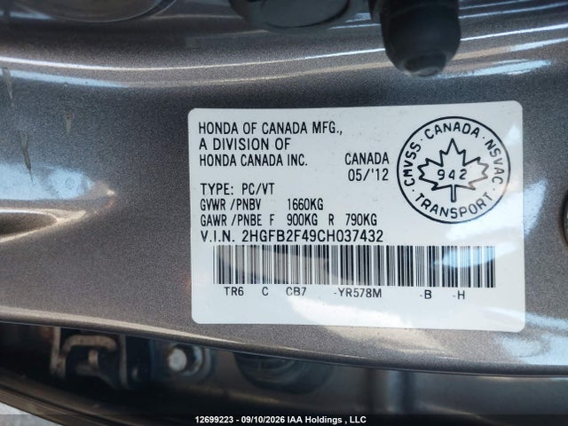 12699223 :رقم المزاد ، 2HGFB2F49CH037432 vin ، 2012 Honda Civic Lx مزاد بيع