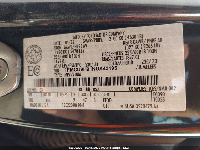 Aukcja sprzedaży 2022 Ford Escape Sel, vin: 1FMCU9H91NUA42195, numer aukcji: 12699226