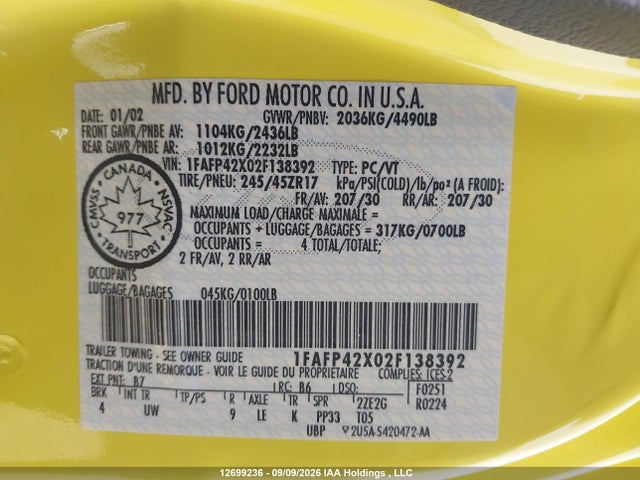 Продажа на аукционе авто 2002 Ford Mustang Gt, vin: 1FAFP42X02F138392, номер лота: 12699236