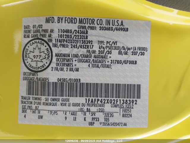 Продажа на аукционе авто 2002 Ford Mustang Gt, vin: 1FAFP42X02F138392, номер лота: 12699236
