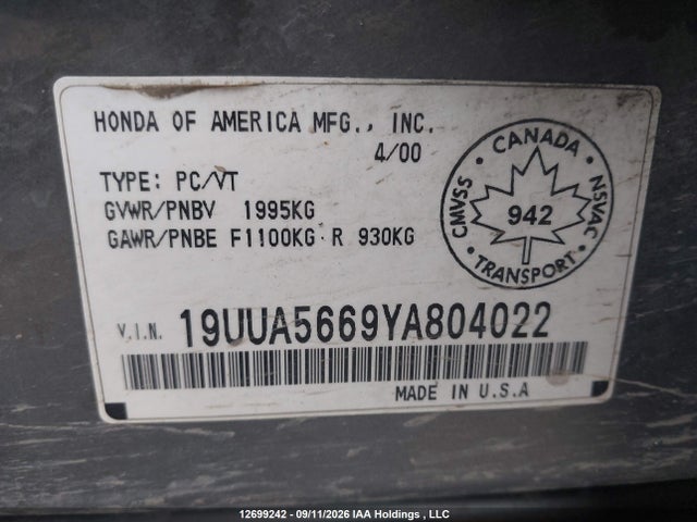 Продаж на аукціоні авто 2000 Acura Tl 3.2, vin: 19UUA5669YA804022, номер лоту: 12699242