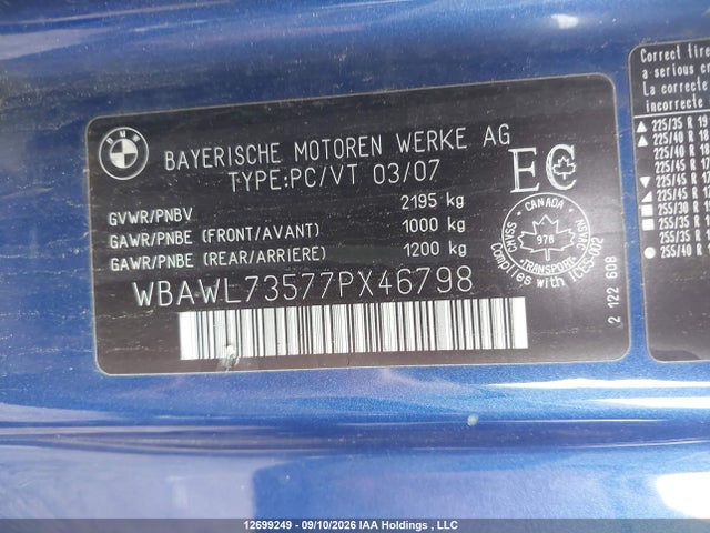 Aukcja sprzedaży 2007 Bmw 335 I, vin: WBAWL73577PX46798, numer aukcji: 12699249