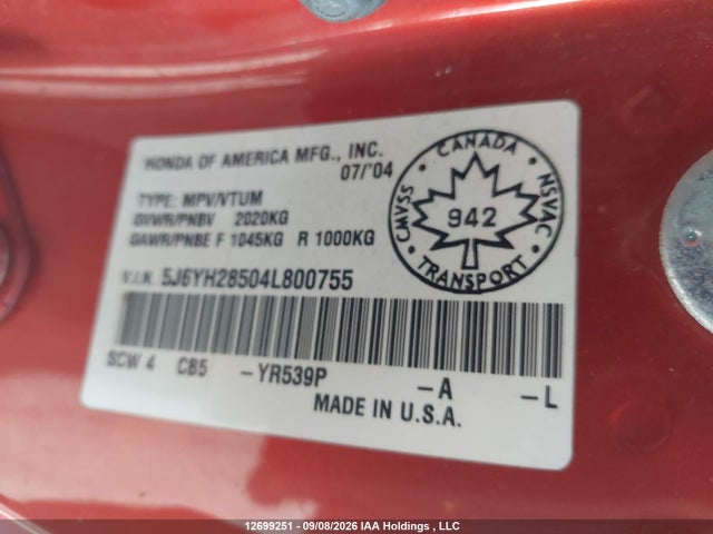 2004 Honda Element Y-package მანქანა იყიდება აუქციონზე, vin: 5J6YH28504L800755, აუქციონის ნომერი: 12699251