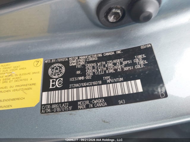 12699277 :رقم المزاد ، 2T2HA31U64C016018 vin ، 2004 Lexus Rx 330 مزاد بيع