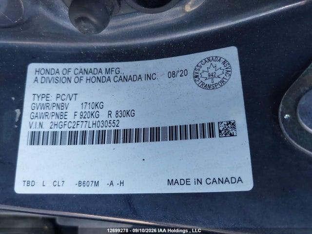 Honda Civic 2020 2HGFC2F77LH030552 Image 9