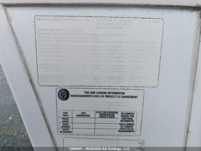12699281 :رقم المزاد ، 4YDF34626D4730301 vin ، 2013 Keystone  مزاد بيع