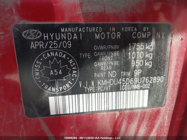 Продаж на аукціоні авто 2009 Hyundai Elantra, vin: KMHDU45D69U762890, номер лоту: 12699294