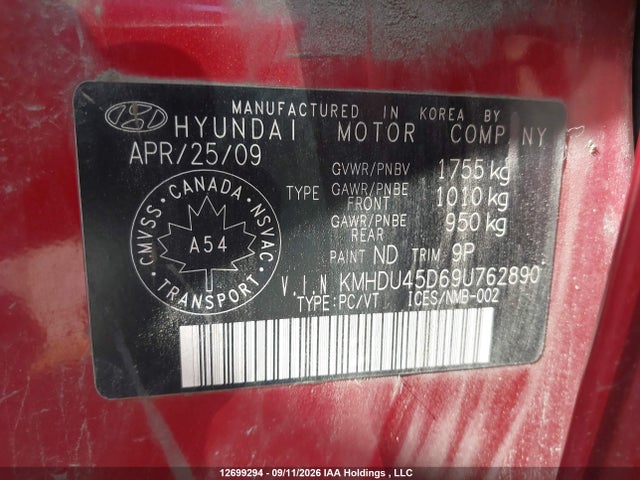 Продаж на аукціоні авто 2009 Hyundai Elantra, vin: KMHDU45D69U762890, номер лоту: 12699294