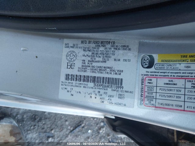 Aukcja sprzedaży 2012 Ford Fusion Sel, vin: 3FAHP0JA4CR110999, numer aukcji: 12699296