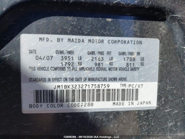 12699298 :رقم المزاد ، JM1BK323271758759 vin ، 2007 Mazda Mazda3 Gt مزاد بيع