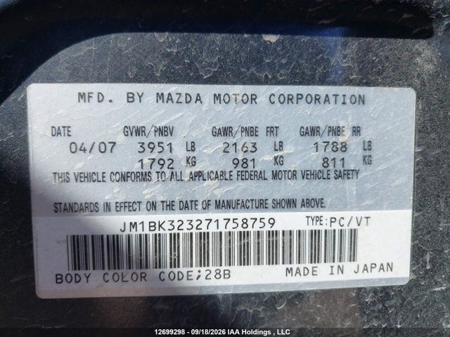 12699298 :رقم المزاد ، JM1BK323271758759 vin ، 2007 Mazda Mazda3 Gt مزاد بيع
