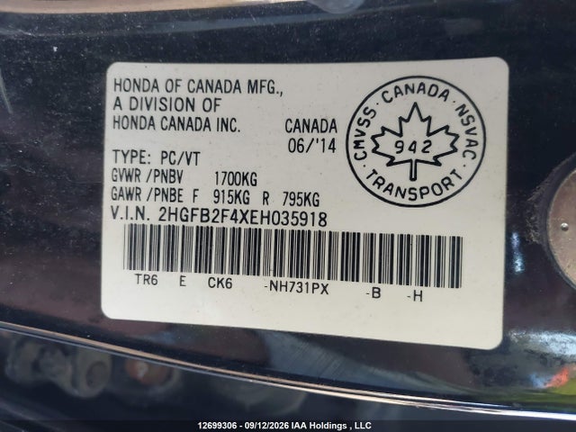 2014 Honda Civic Lx მანქანა იყიდება აუქციონზე, vin: 2HGFB2F4XEH035918, აუქციონის ნომერი: 12699306
