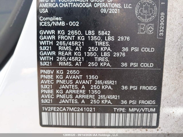 1V2FE2CA7MC241021 Volkswagen ATLAS CROSS SPORT