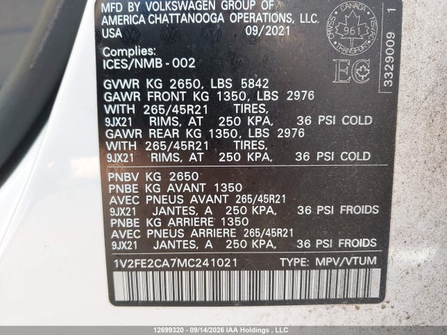 1V2FE2CA7MC241021 Volkswagen ATLAS CROSS SPORT