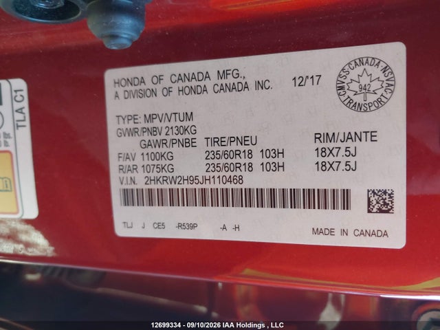 Honda Cr-v Touring 2018 2HKRW2H95JH110468 Image 17